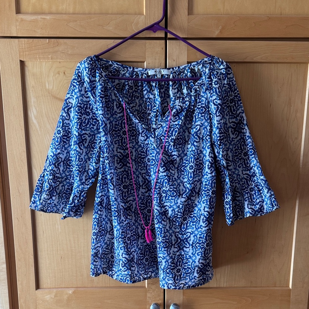 Milly Blue and White Patterned Top